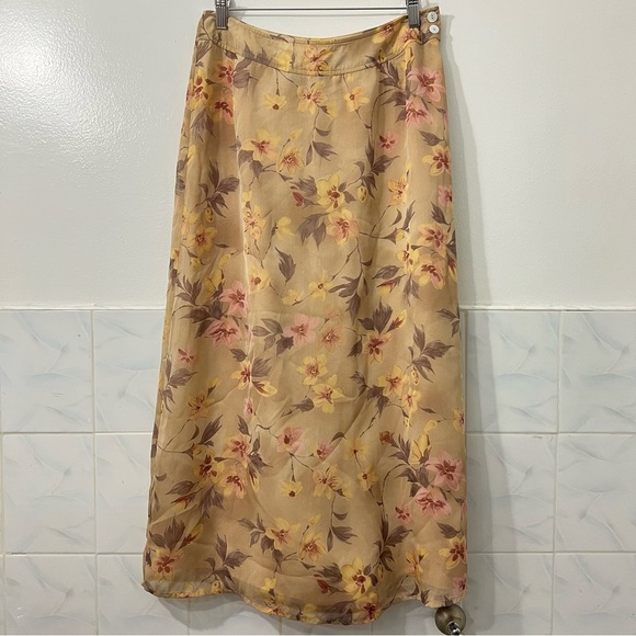 Vintage August Silk 10 Beige Floral A-Line Lined Boho Cottagecore Midi Skirt - Picture 1 of 9